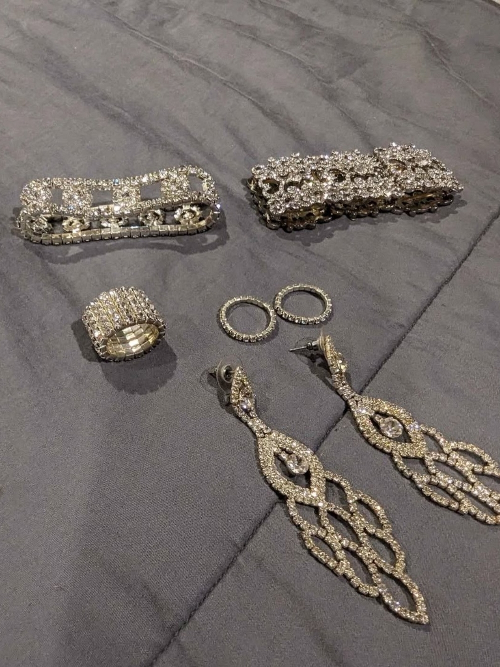 Crystal-Embellished Silver-Tone Jewelry Set — Earrings, Rings & Hair Clips